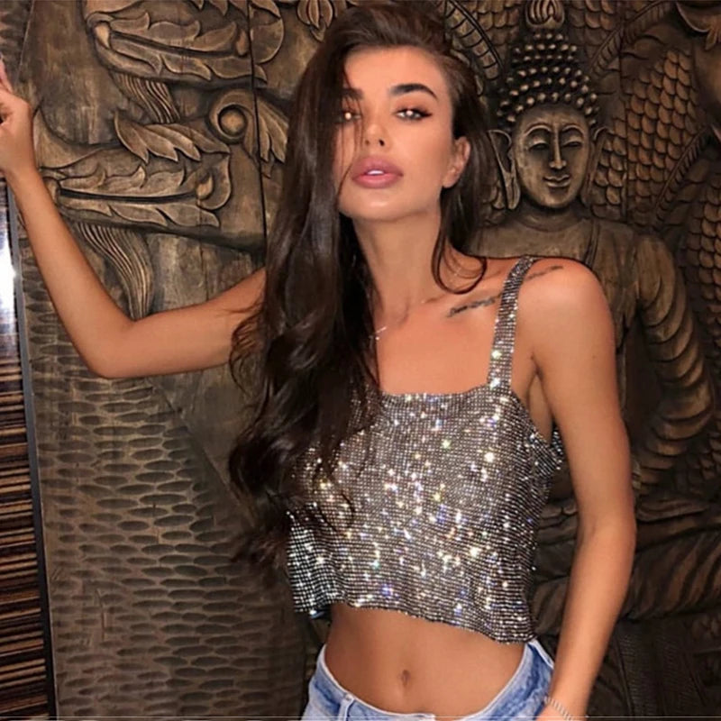 Bling Rhinestones Party Crop Top Fashion Solid Backless Straps Full Diamonds Sequins Cami Cropped Top for Women