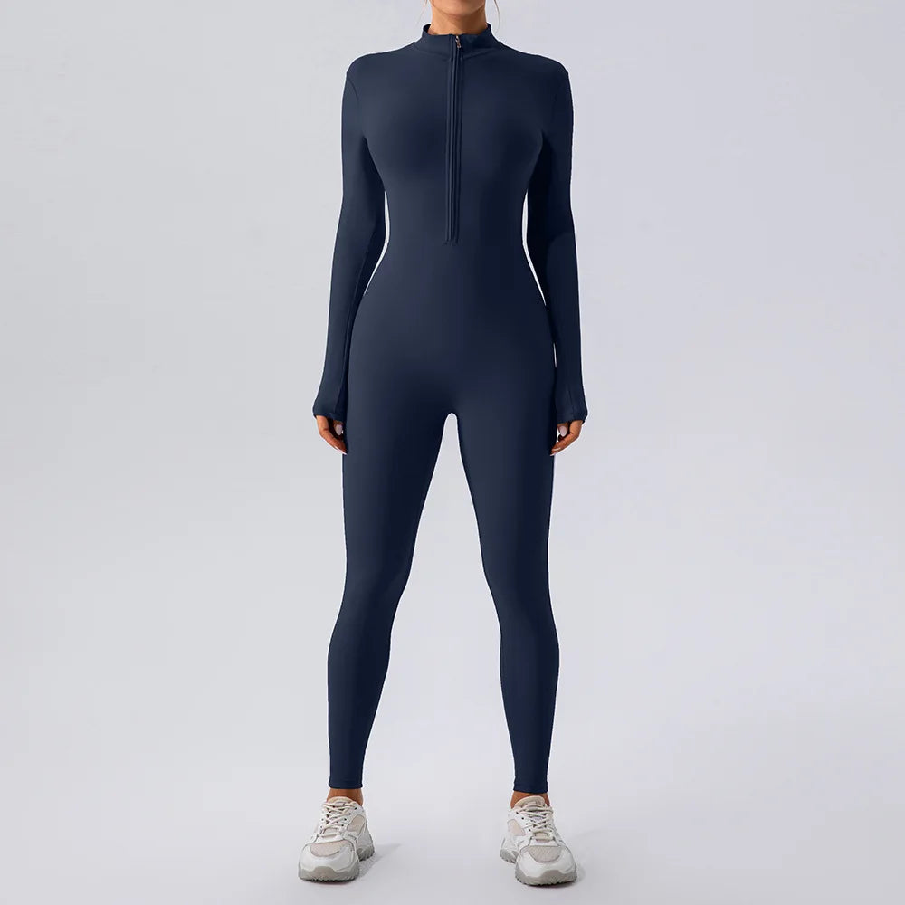 Yoga Jumpsuit Women Seamless Sports Zipper Jumpsuit Set Gym Long Sleeve Fitness Suit Elastic Gym Workout Bodysuit Athletic Wear Navy
