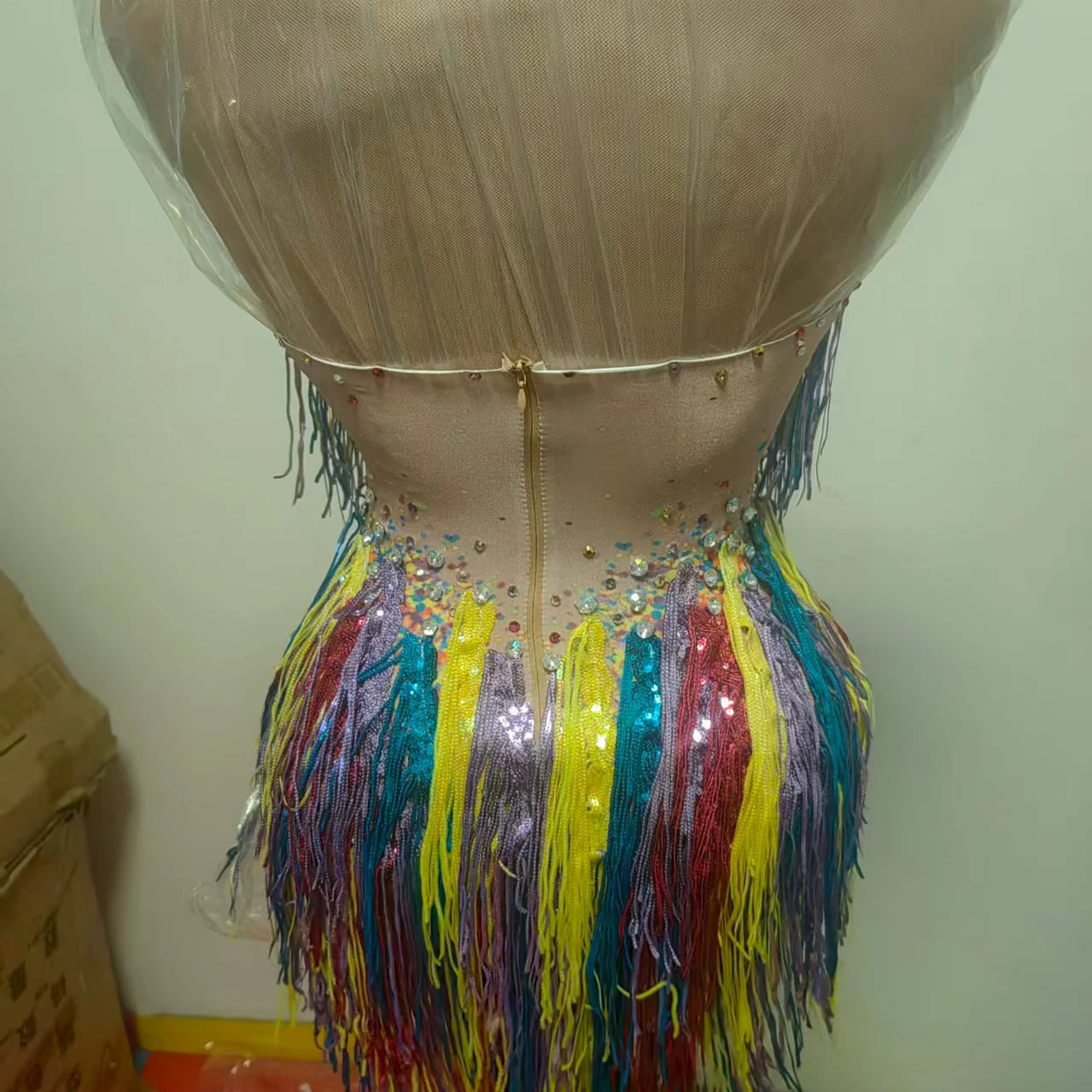 Color Stripe Tassel Tight Fitting Sexy Bodysuit Rhinestone Crystals Fancy Dancer Wear Ladies Latin Dance Team Outfits Xinwucai