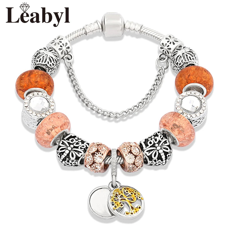 Silver Color Tree of Life Fashion Bead Bracelets Green Leaf Floral Crystal Charm Bracelet & Bangle Pulsera Jewelry 960