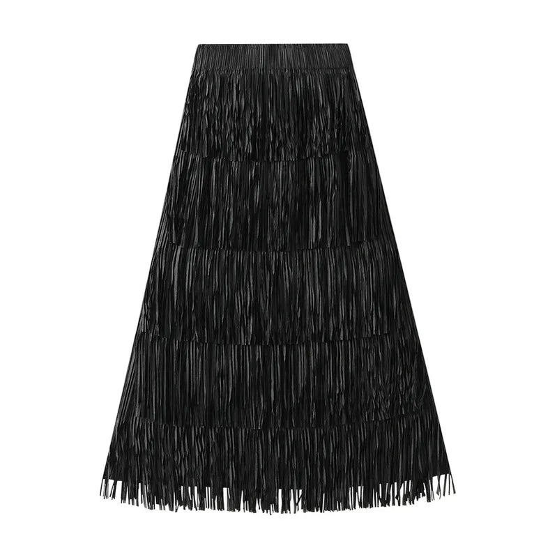 Pleated Tassel Long Skirts For Women High Waist Solid Color Stitching Elegant Party Clothing 2024 Summer Autumn Black One Size