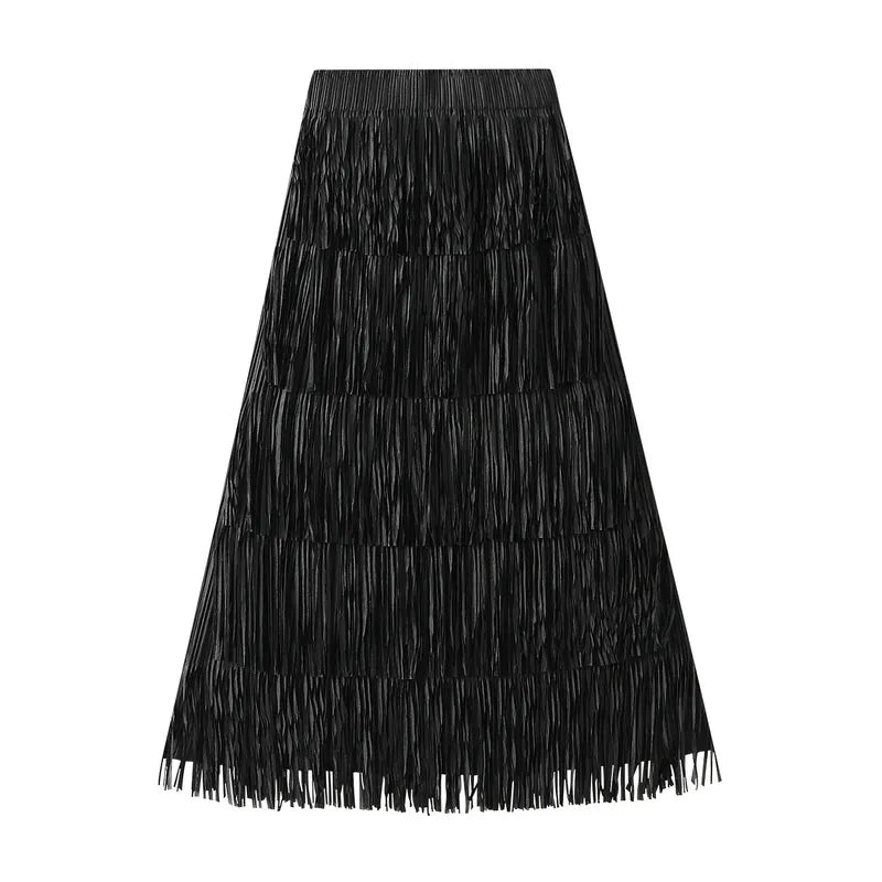 Pleated Tassel Long Skirts For Women High Waist Solid Color Stitching Elegant Party Clothing 2024 Summer Autumn Black One Size