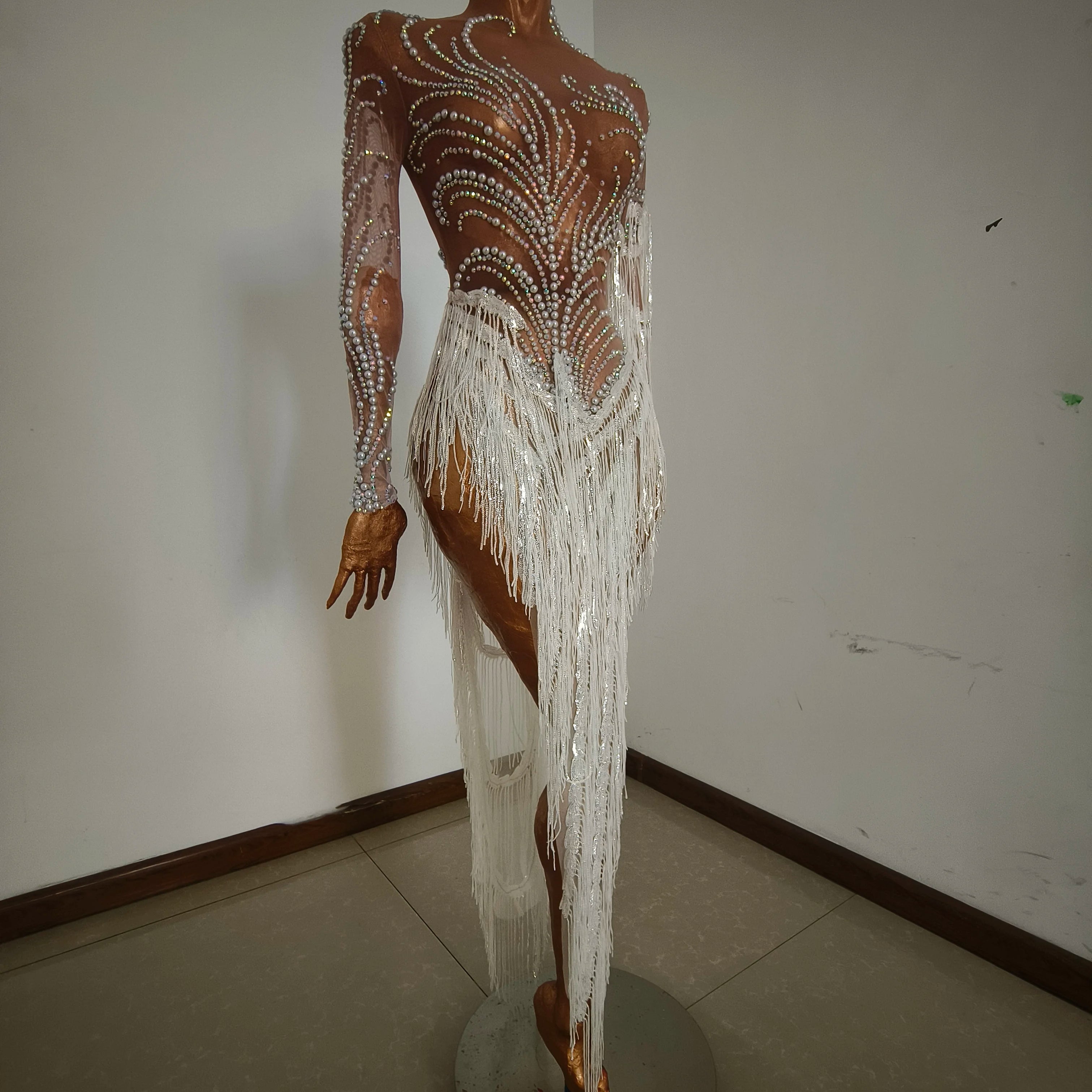 Sparkly Rhinestone Sequins Tassel Sexy Mesh See Through Dress Women Evening Birthday Party Nightclub Dance Singer Stage Outfit