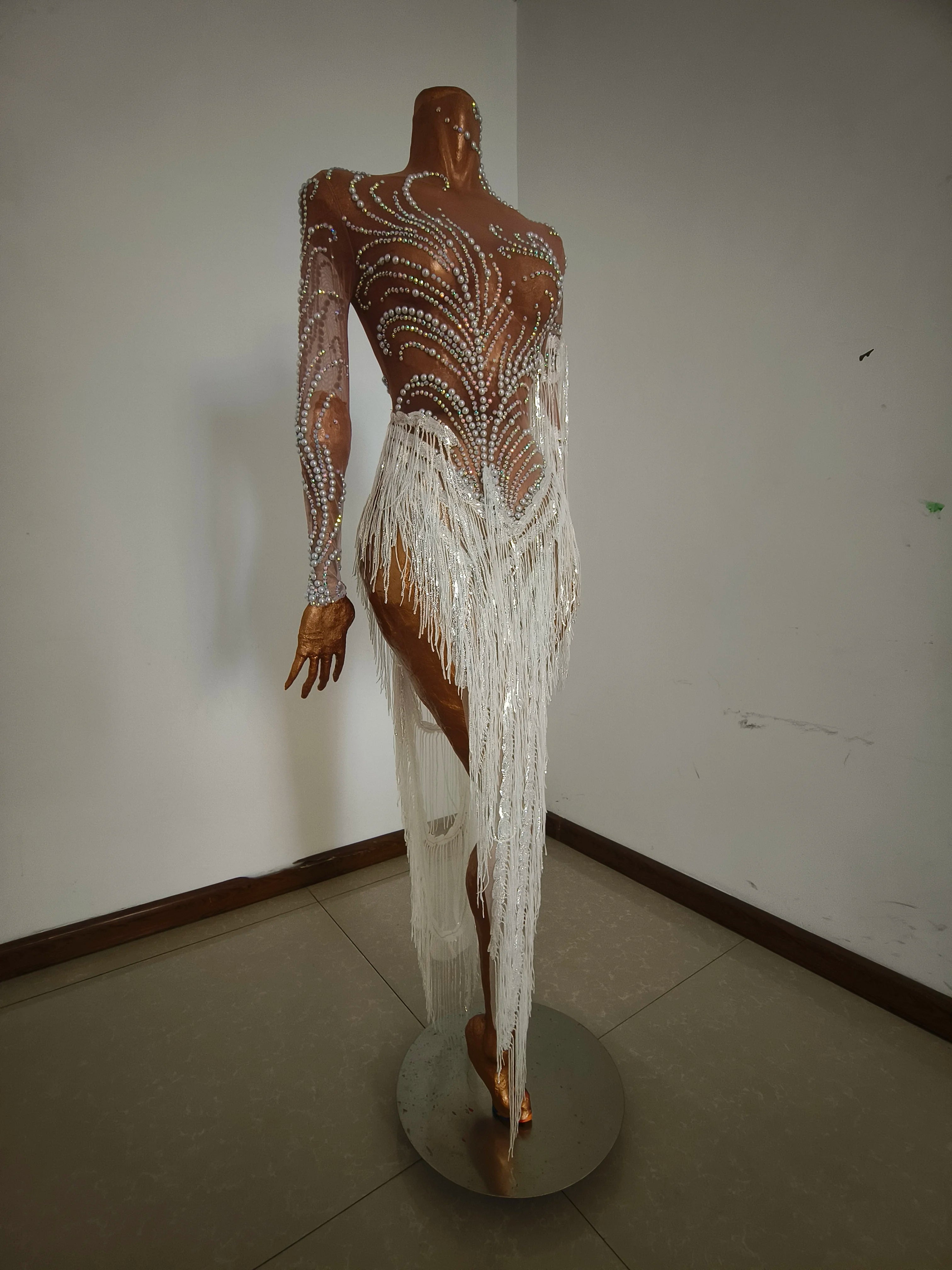 Sparkly Rhinestone Sequins Tassel Sexy Mesh See Through Dress Women Evening Birthday Party Nightclub Dance Singer Stage Outfit