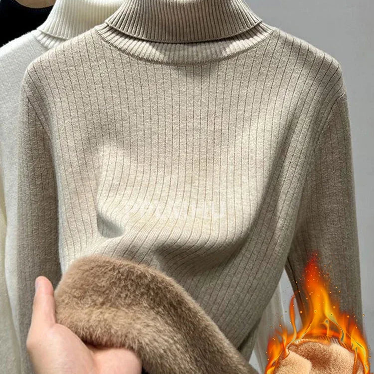 Warm Knit Pullover New Thicken Turtleneck Sweater For Winter Women Casual Slim Plush Lined Soft Long Sleeve Knitwear Jumper Tops