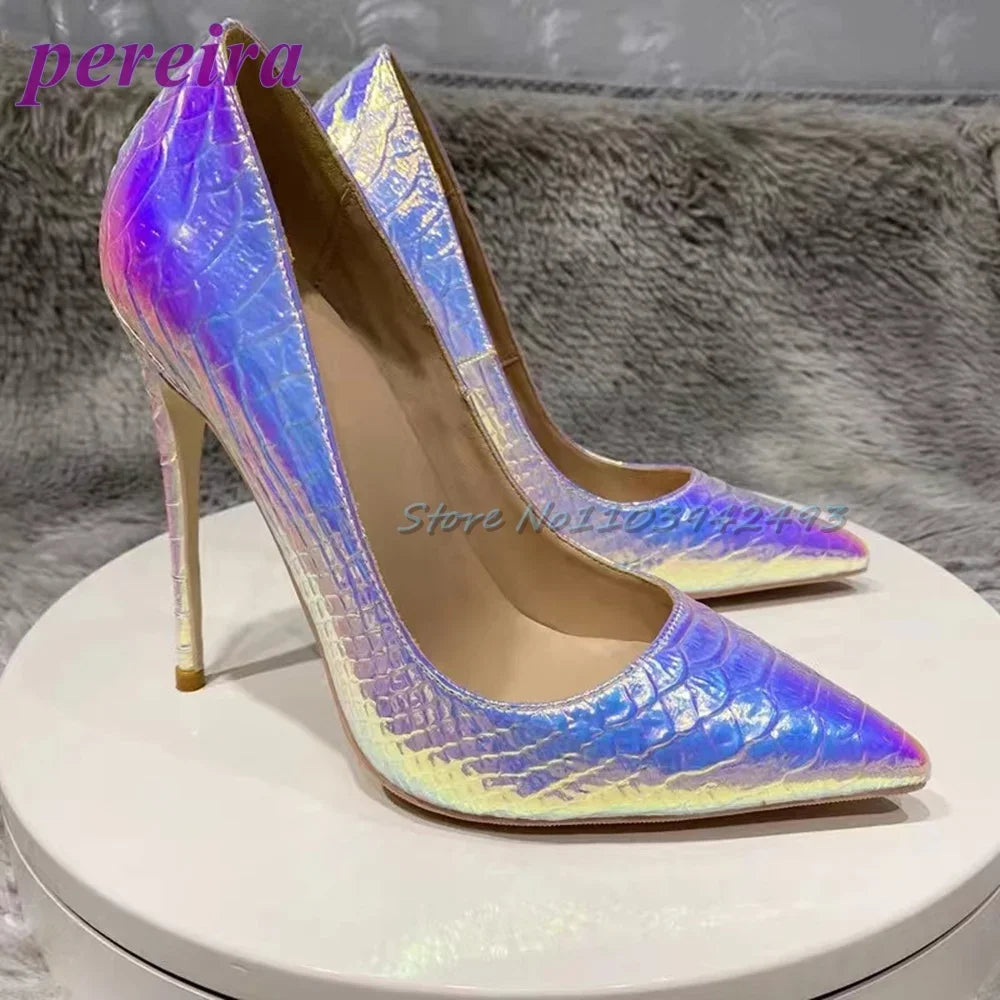 White Snake Pattern Pumps Shallow Pointed Toe High Heels Pull On Luxury Shoes Solid Scales Metallic Sandalias De Mujer 12CM