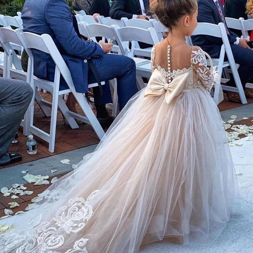 2-14 Years Lace Tulle Flower Girls Dress Princess for Kid Child Wedding Party Junior bridesmaid Maxi Ball Gown Evening