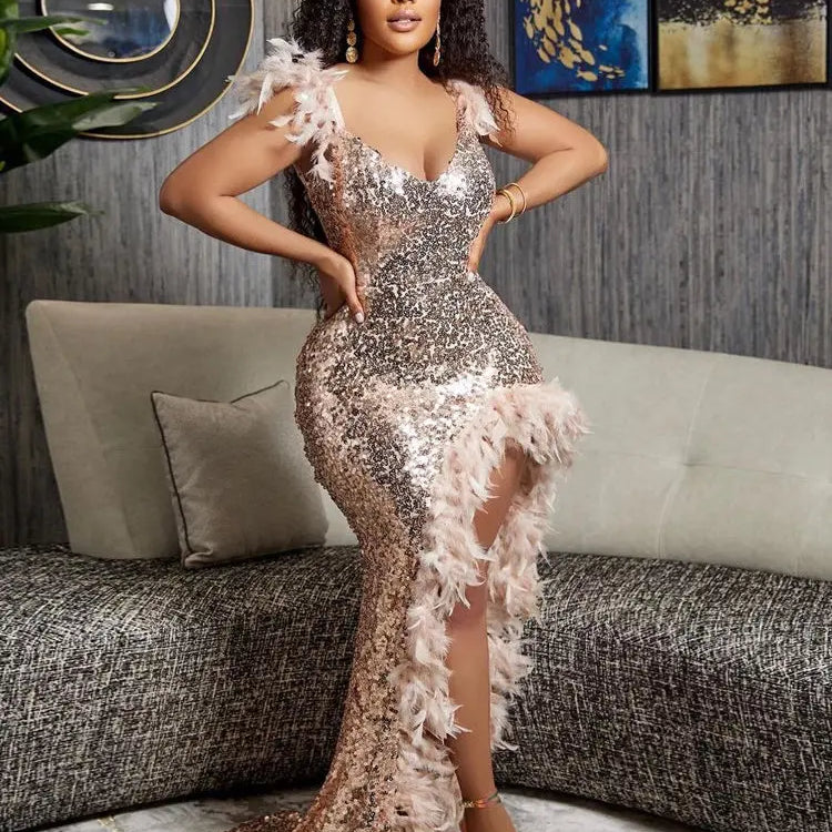 CM.YAYA Women Sequined Spaghetti Strap Feather Hem High Side Slit Mermaid Trumpet Bodycon Midi Evening Sexy Party Maxi Dresses