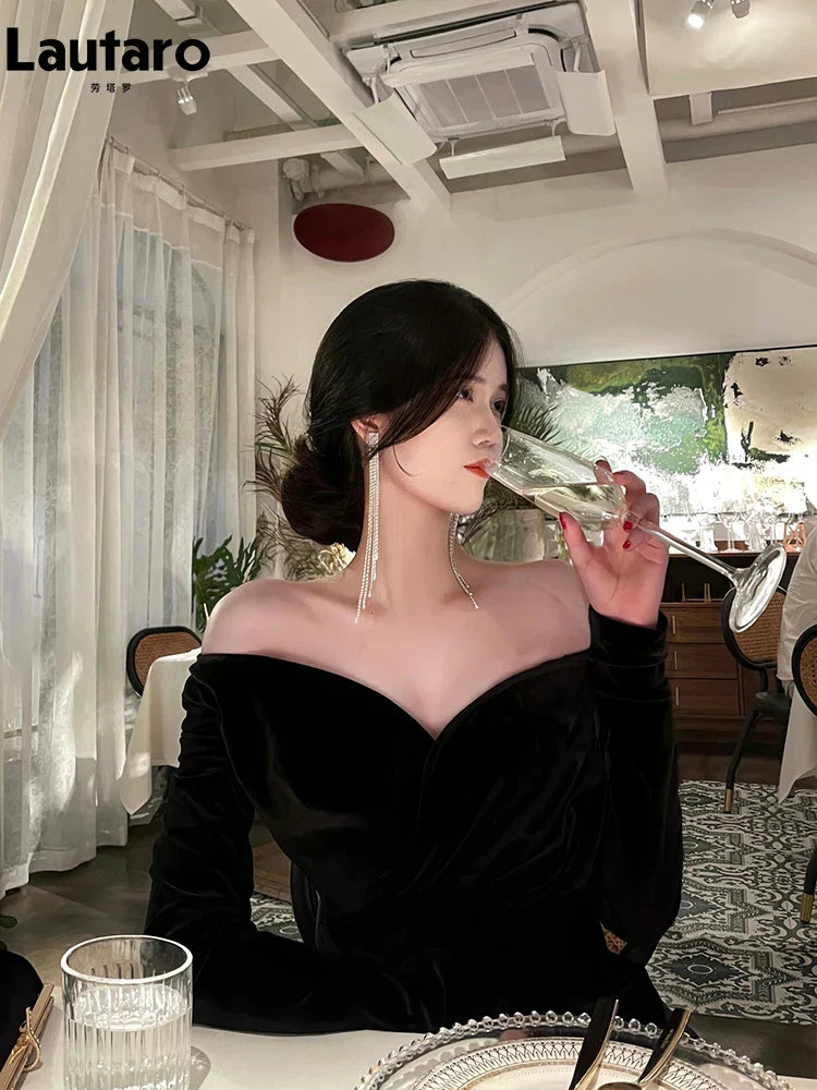 Spring Long Sexy Black Stretchy Fitted Birthday Party Evening Dresses for Women Luxury Elegant Off the Shoulder Clothing