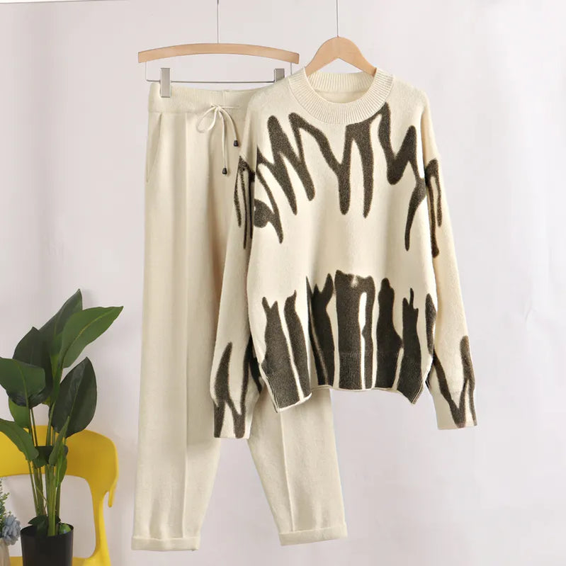 GIGOGOU Two Piece Women Autumn Winter Sweater TrackSuit OverSized Harem Pant Suits Lady Casual Warm Knitted Set apricot coffee One Size