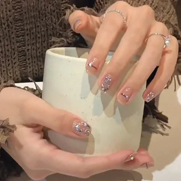 Shiny Crystal Glitter Powder Cat Eye Rhinestone Pearl Short Fake Nails Art Korean False Nails Zircon DIY Press on Nails Manicure