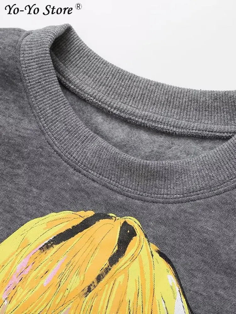 Cartoon Contrast Printed Sweatshirts Women Loose O-neck Long Sleeve Pullovers Female Autumn Fashion Casual Ladies Top