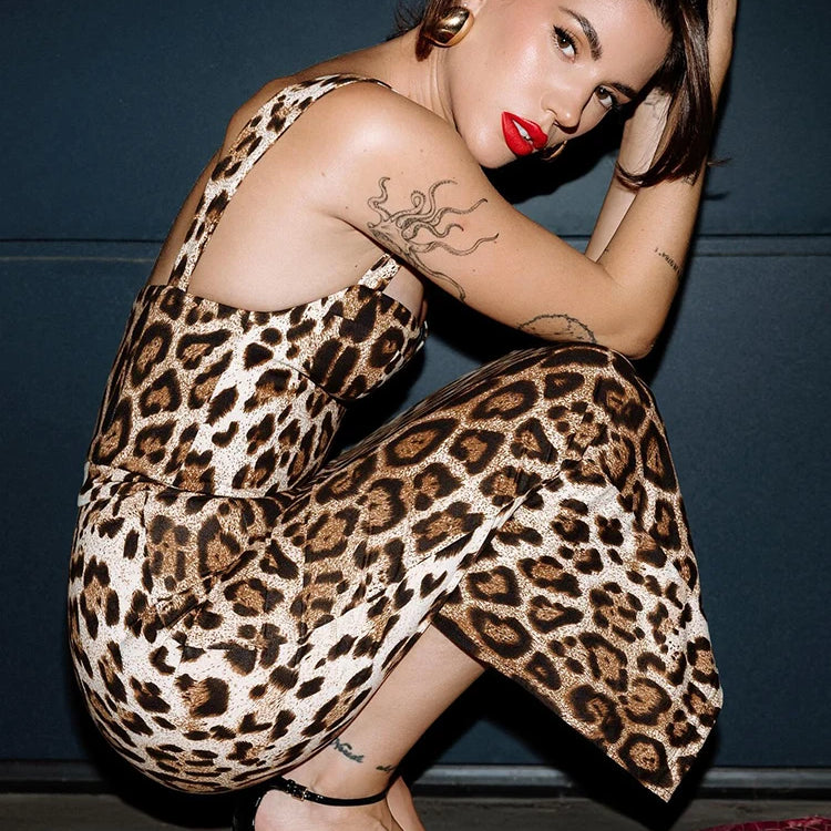 VC Vintage-Glam Leopard Slip Sleeveless Tight Midi Dress Party Spotlight Evening Gown