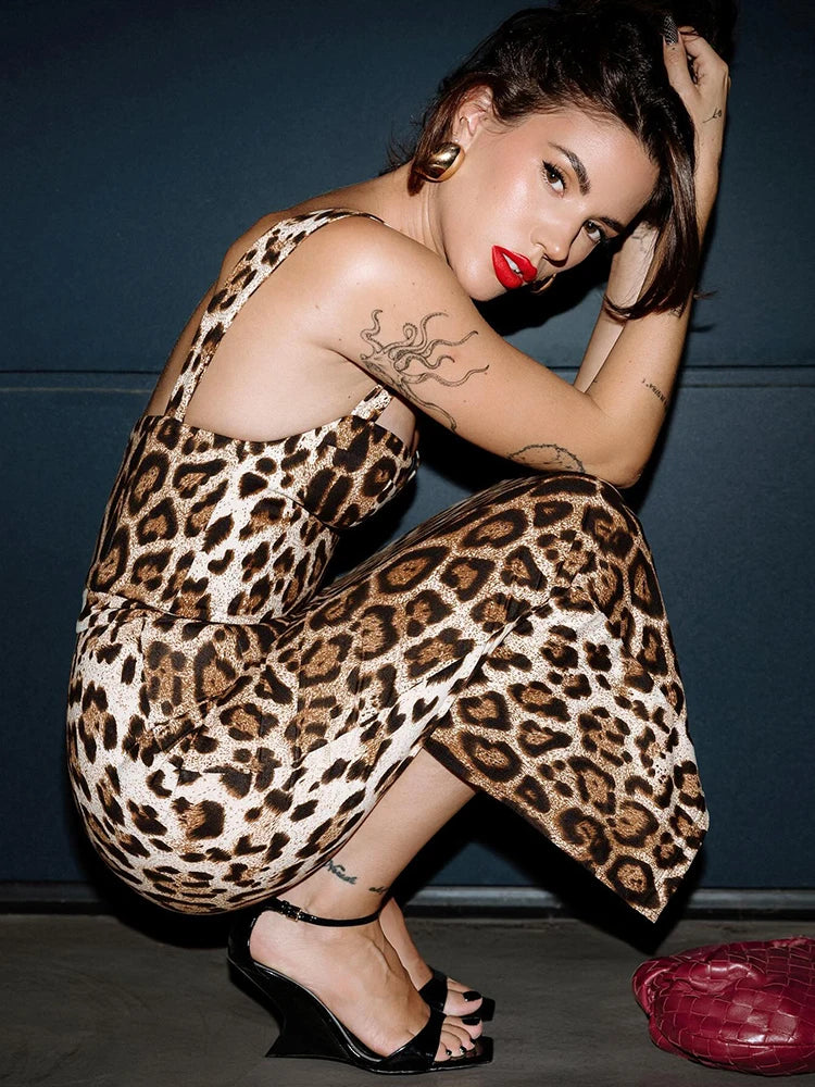 VC Vintage-Glam Leopard Slip Sleeveless Tight Midi Dress Party Spotlight Evening Gown
