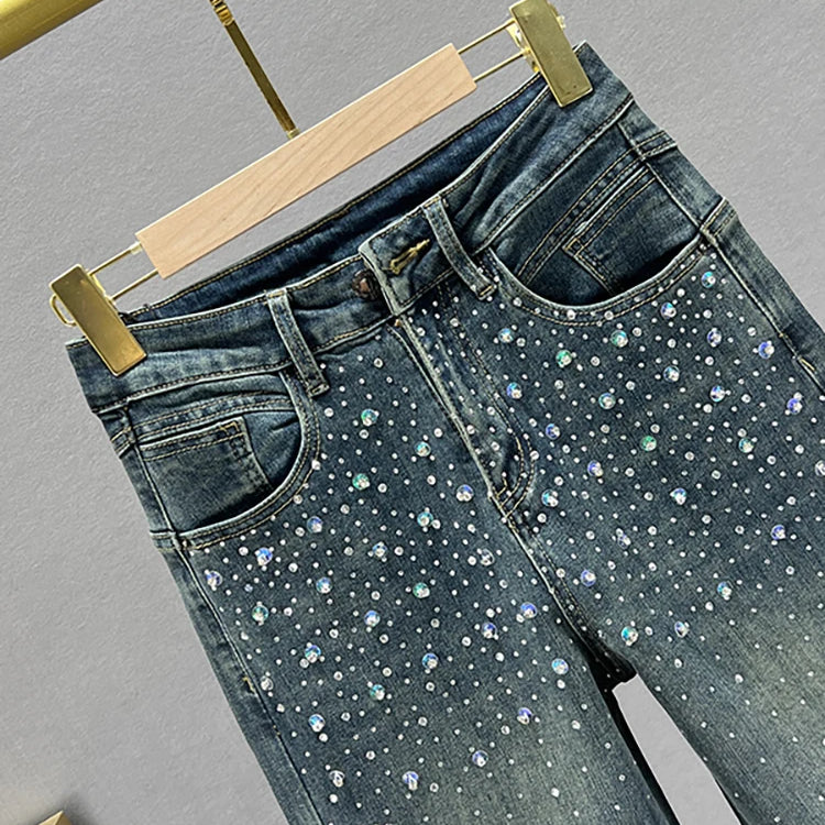 Women's Jeans High Waist Solid Color Sequins Diamond Loose Straight Wide Leg Denim Pants Winter Fashion
