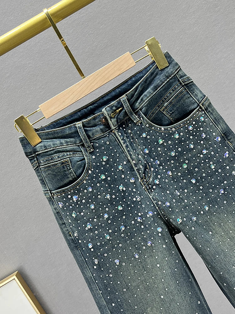 Women's Jeans High Waist Solid Color Sequins Diamond Loose Straight Wide Leg Denim Pants Winter Fashion