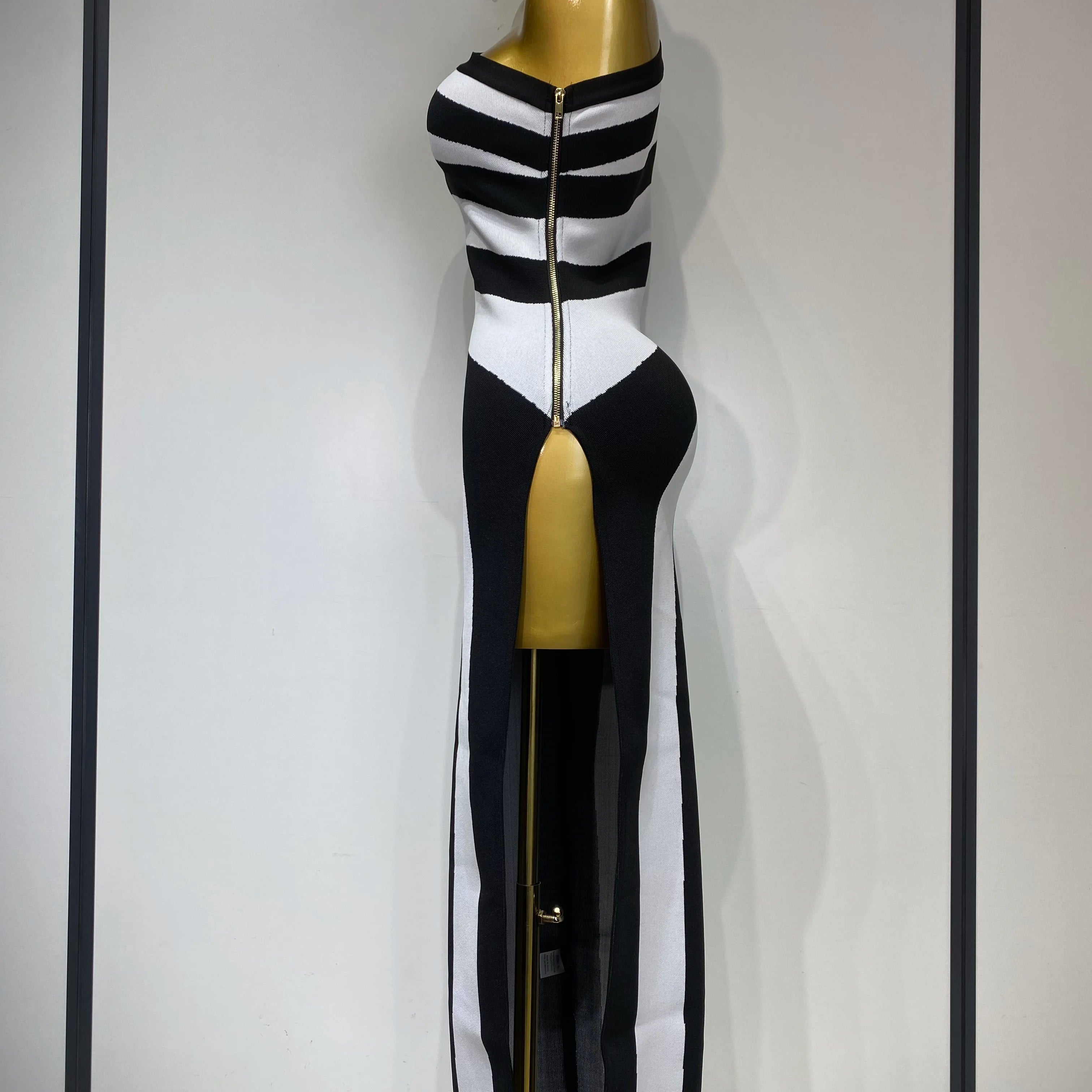 Luxury Birthday Dresses Women Sexy One Shoulder Striped High Split Jacquard Maxi Bandage Long Dress Elegant Evening Party Gown