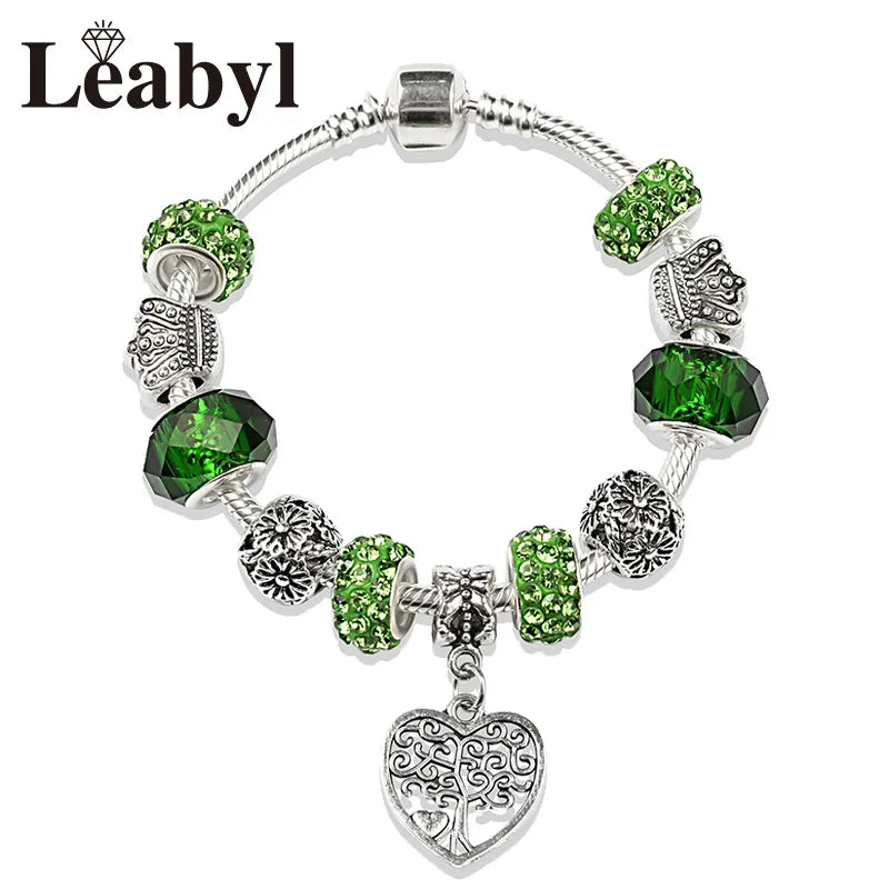 Silver Color Tree of Life Fashion Bead Bracelets Green Leaf Floral Crystal Charm Bracelet & Bangle Pulsera Jewelry 872
