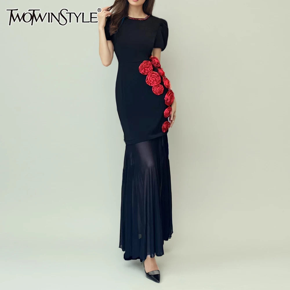 TWOTWINSTYLE Hit Color Slimming Spliced 3D Flower Elegant Dresses for Women Round Neck Short Sleeves Dress Femlae Clothing New
