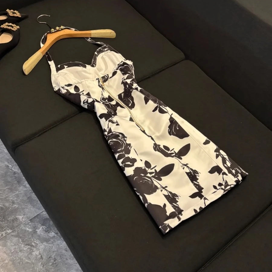 TWOTWINSTYLE Hit Color Slimming Spliced Printing Dresses for Women Halter Neck Sleeveless Temperament Dress Female Fashion New