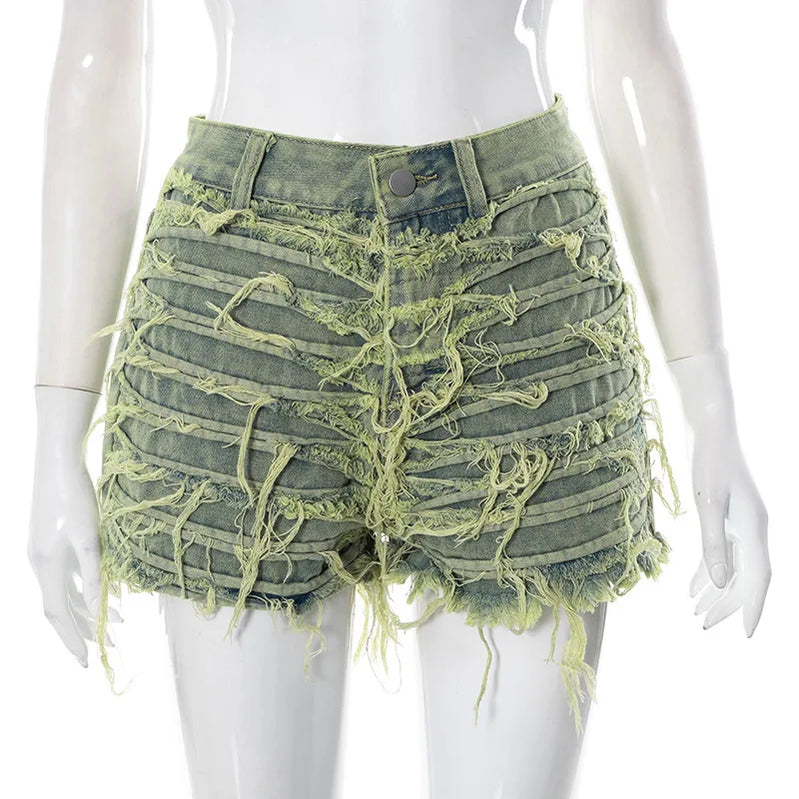Women's Denim Skirt Do Old Solid Color Burrs Tassel Slim High Waist Short A-line Mini Skirt Autumn Fashion green short pants