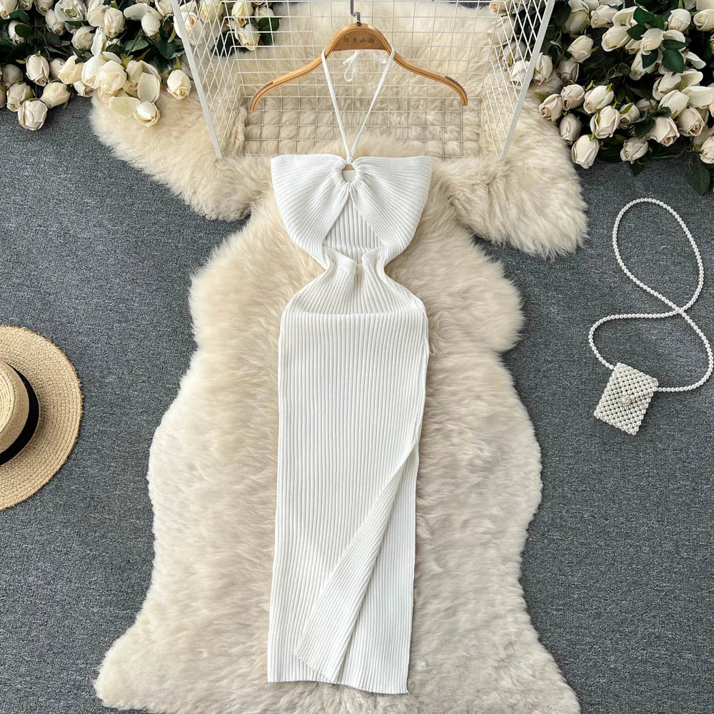 Chic Fashion Sexy Package Hips Split Knitted Summer Dress Women Slim Elastic Bodycon Party Dress Streetwear Outfits WHITE One Size