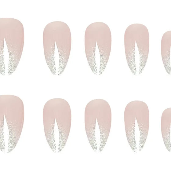 24pcs Cat's Eye Pink Almond French Style Press on Nails Pink 3D Printing Fake Nails Full Cover Wearable False Nails