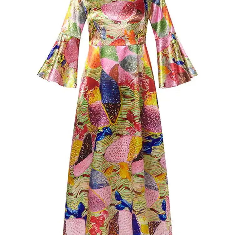 Plus Size 5XL Elegant Women Maxi Dress Autumn Long Flare Sleeve Casual Printed Elegant Long Shirt Sundress Party Vestidos