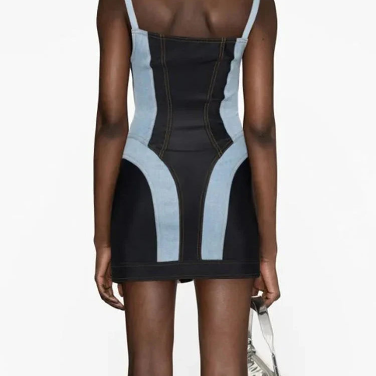 DEAT Streetwear Patchwork Contrast Color Denim Dress For Women Sleeveless Zipper Short Dresses Summer Female New 11XX4973