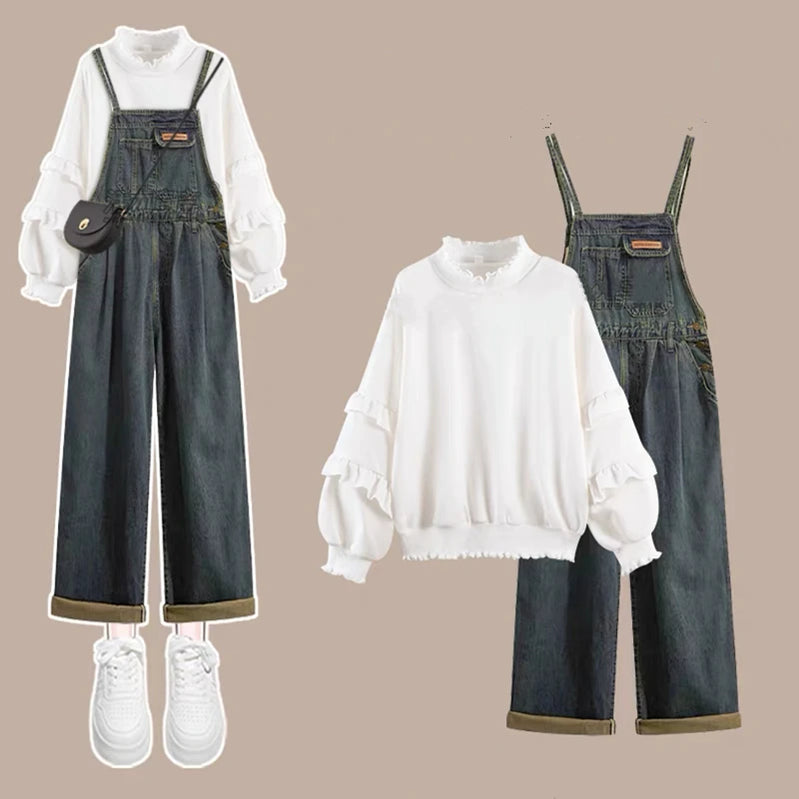 Women Preppy Style Spring Autumn Sweatshirt Overalls Denim Pants 1 or 2 Piece Set Korean Lady Daily Ruffle Tops Jeans Outfits Set B