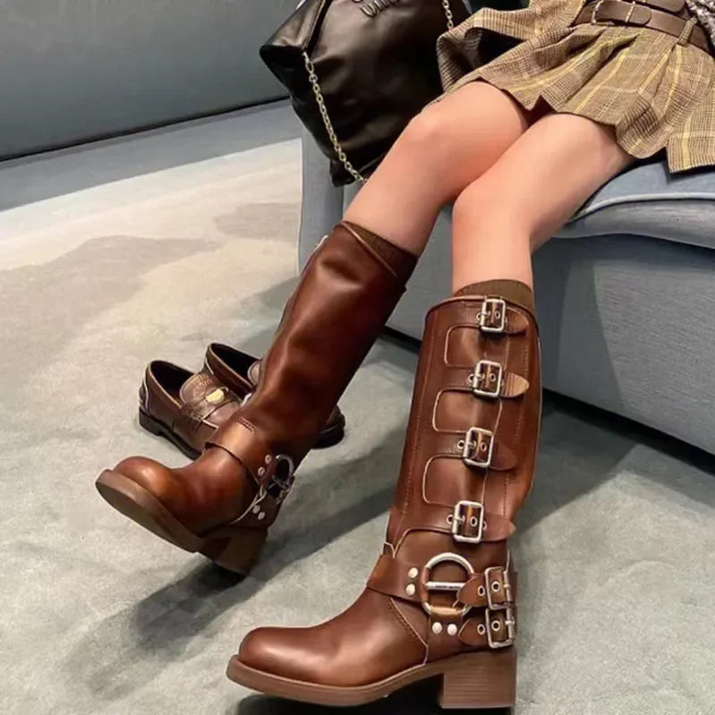 2023 Women's New Boots Trend Platform Combat Boots Heel Buckle Vintage Fashion Casual Luxury Western Mid Calf Woman Boots