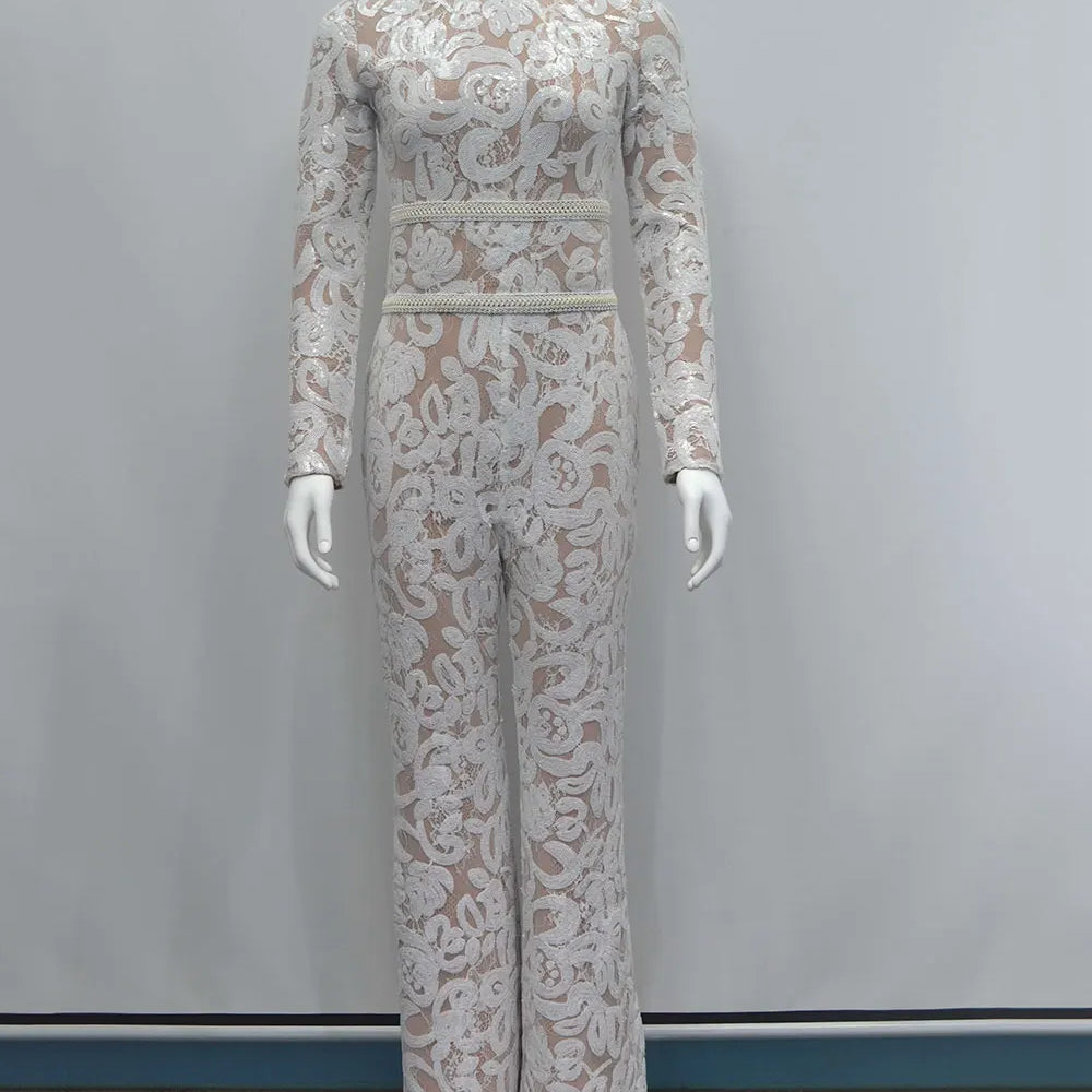2025 Women'S Light Luxury Sequin Patchwork Bandage Jumpsuit O-Neck Long Sleeved Waistband Flared Jumpsuit Pants Party Jumpsuit