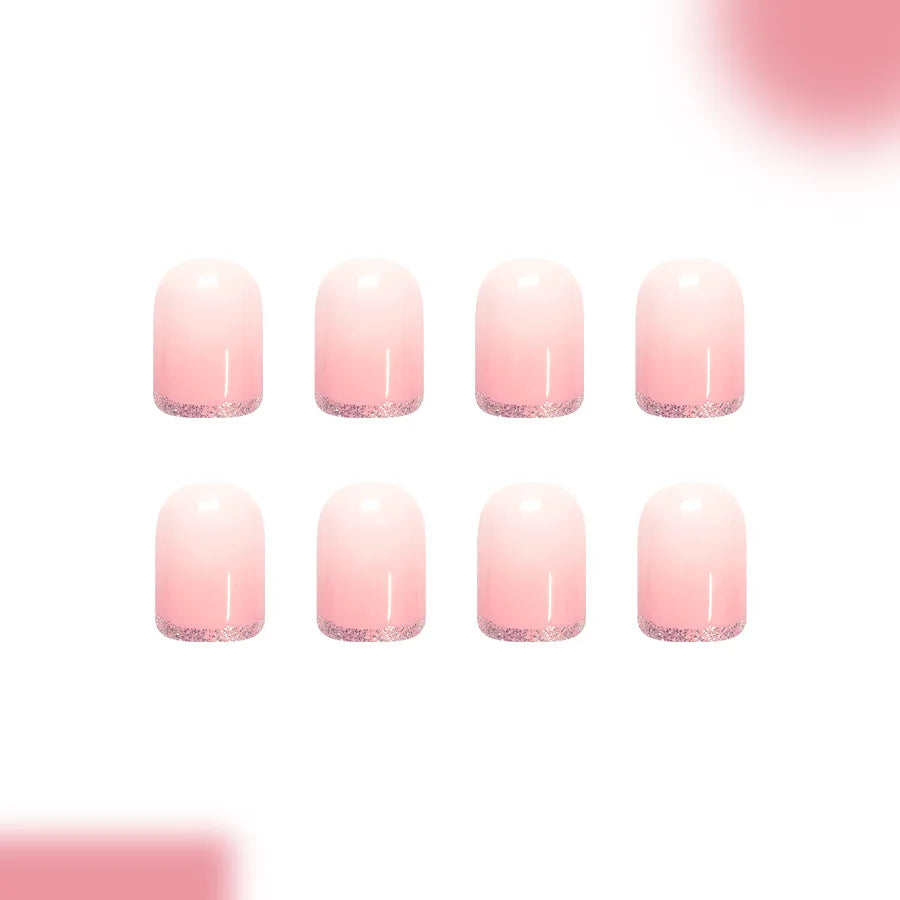 Sweet Girls Blush Pink False Nails 24Pcs Short Square Silver French Press On Nails Nude Color Wearable Fake Nails Patches
