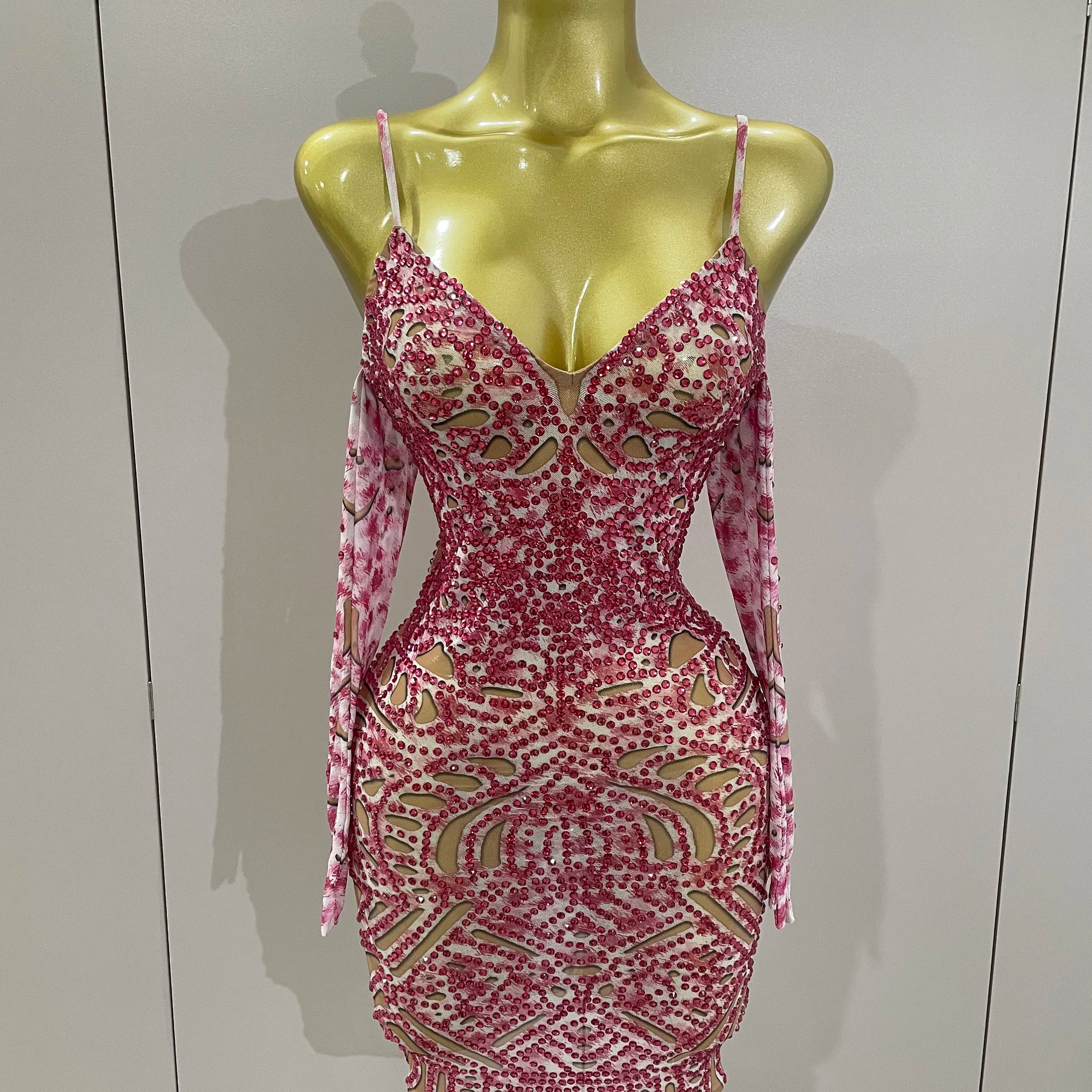 2025 New Sexy Sparkly Rhinestones Mesh Mini Dress With GlovesWomen Evening Birthday Party Celebrate Costume Dancer Stage Wear