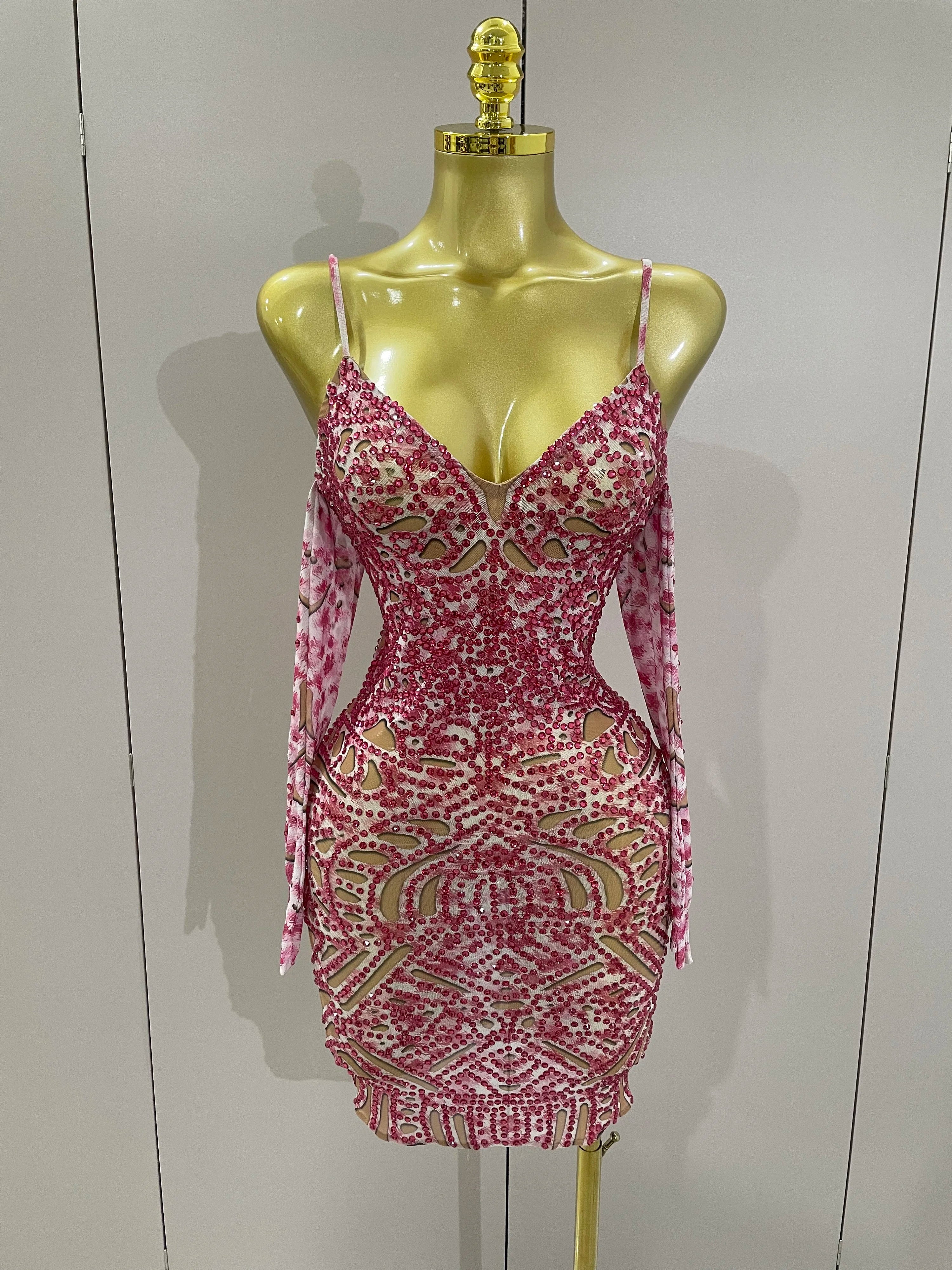 2025 New Sexy Sparkly Rhinestones Mesh Mini Dress With GlovesWomen Evening Birthday Party Celebrate Costume Dancer Stage Wear