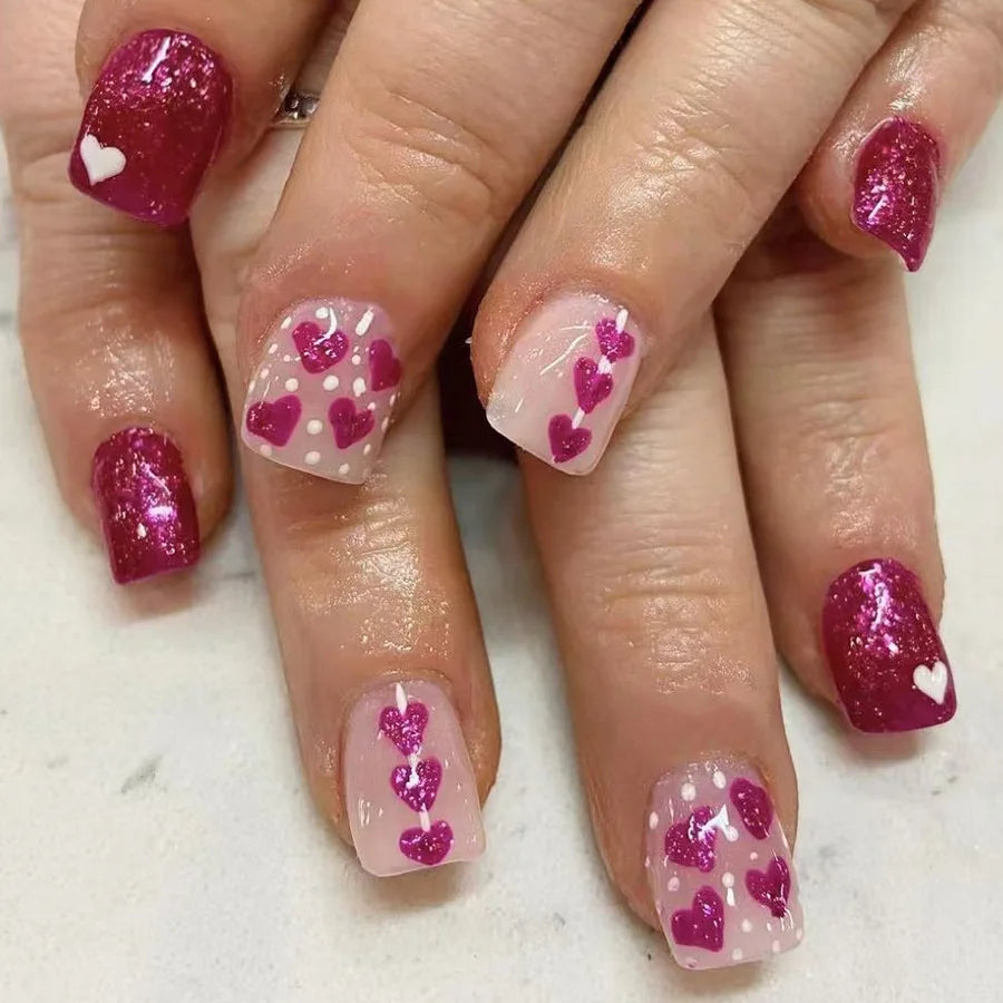 24Pc Square French Fake Nails with Heart Love Designs Glossy White Pink Press on Nails Full Cover False Nail for Valentine's Day