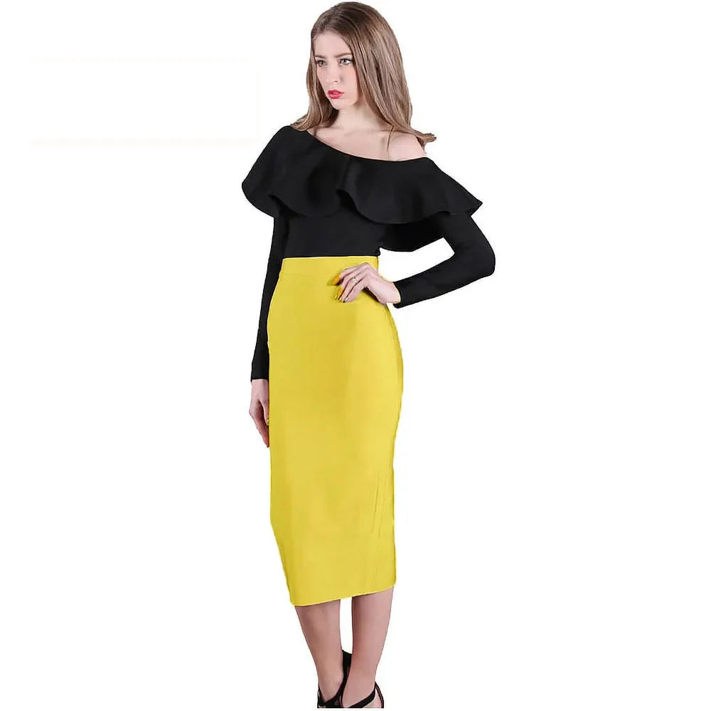 HQBORY Sexy Quality Nude Beige Bandage Skirts Midi 2023 Women Summer Red Split Party Skirt Bodycon High Waist Office Lady Skirt Yellow
