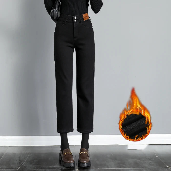 Autumn Winter Denim Jeans Women Double Row Vertical Buckle High Waisted Elastic Brand Slim Straight Warm Classic Smoke Pants Black