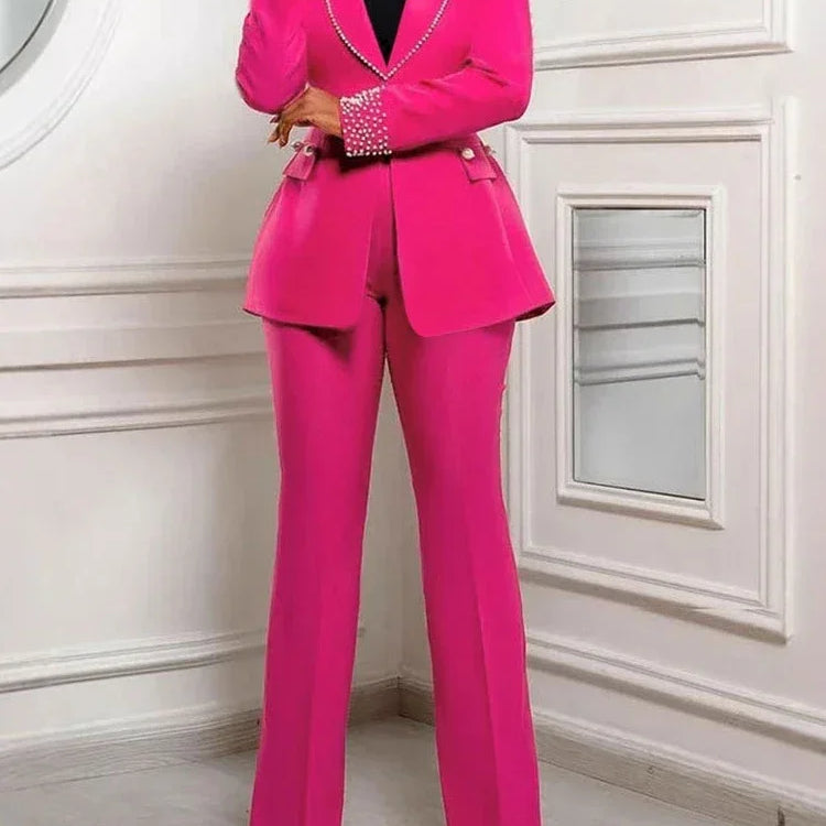 CM.YAYA Fashion Pearl Splicing Women's Set Long Sleeve Blazer and Wide Leg Pants Suit 2024 Winter OL Fall Two 2 Piece Set Outfit