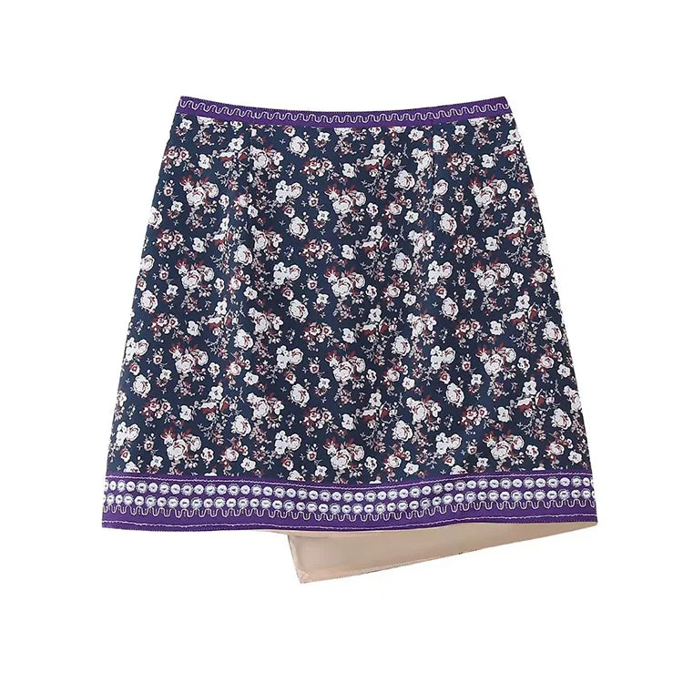 Boho Women Elegant Floral Print Mini Skirts 2023 Fashion Ladies Slim Patchwork Purple Skirt Vintage Female Chic Bottoms