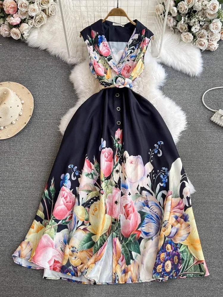 2024 Summer Holiday Beach Dress Women's Notched Collar Sleeveless Single Breasted Floral Print Belt Long Boho Party Vestido 6389