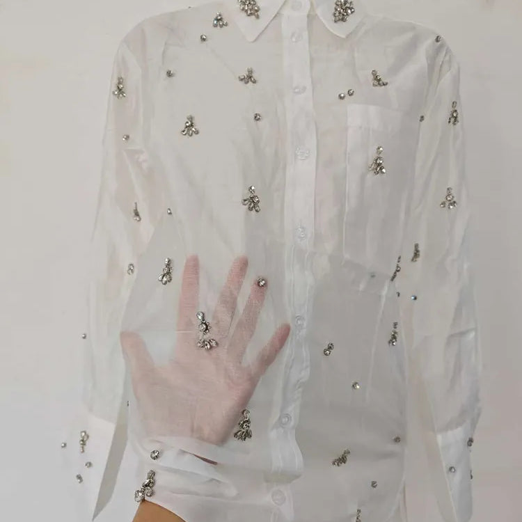 [EWQ] Rhinestone Decoration White Shirt Women Single Breasted Long Sleeve Perspective Office Lady Blusas 2023 Autumn Winter Top White