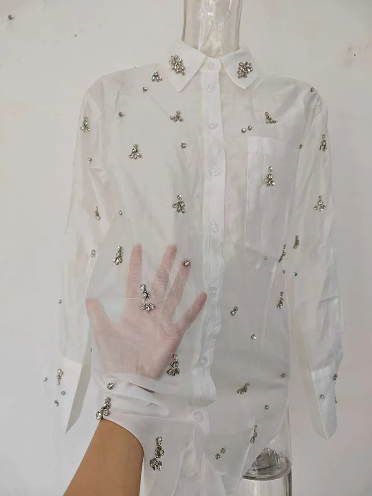 [EWQ] Rhinestone Decoration White Shirt Women Single Breasted Long Sleeve Perspective Office Lady Blusas 2023 Autumn Winter Top White