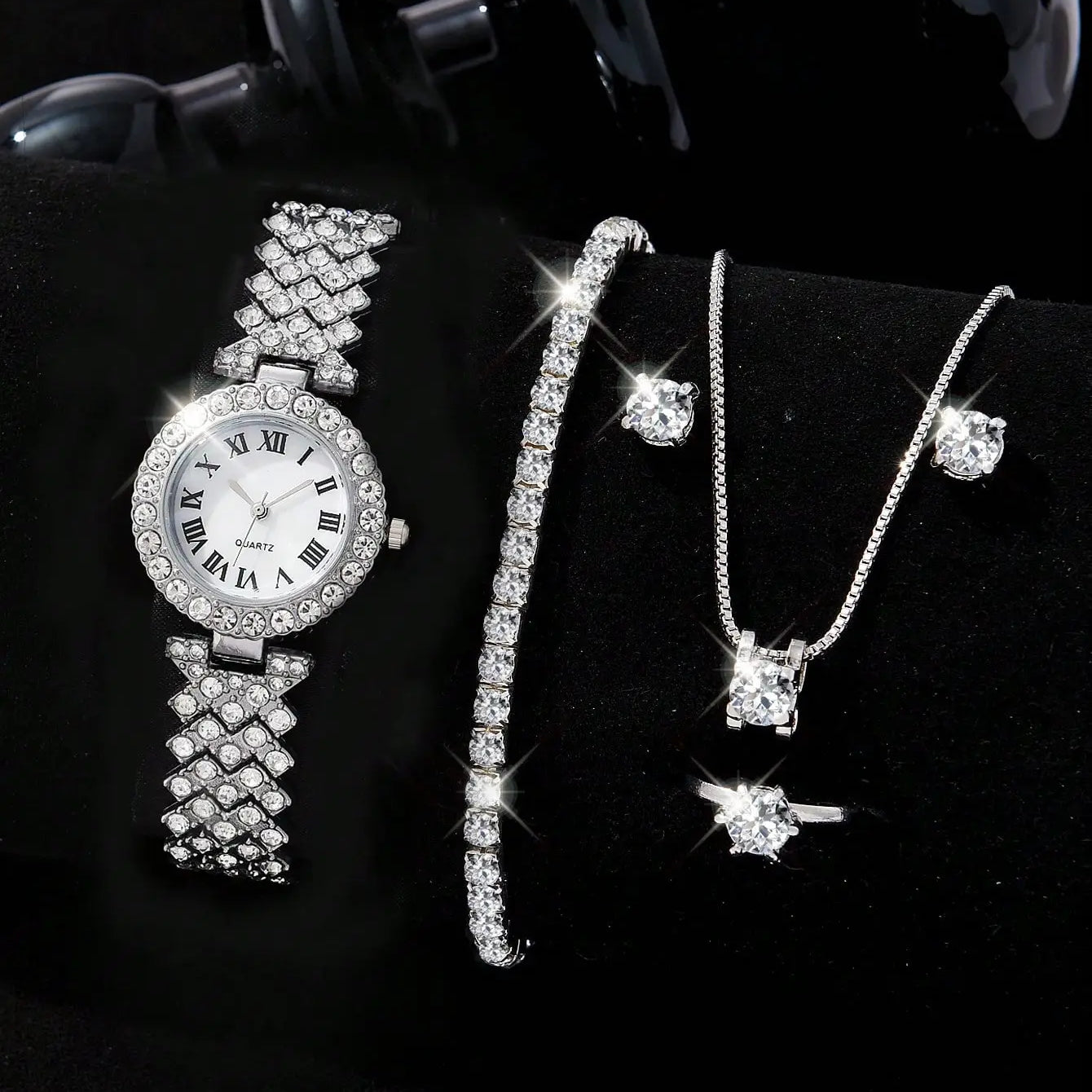 5PCS Set Watch Women Ring Necklace Earrings Rhinestone Fashion Wristwatch Female Casual Ladies Watches Bracelet Set Clock Silver B