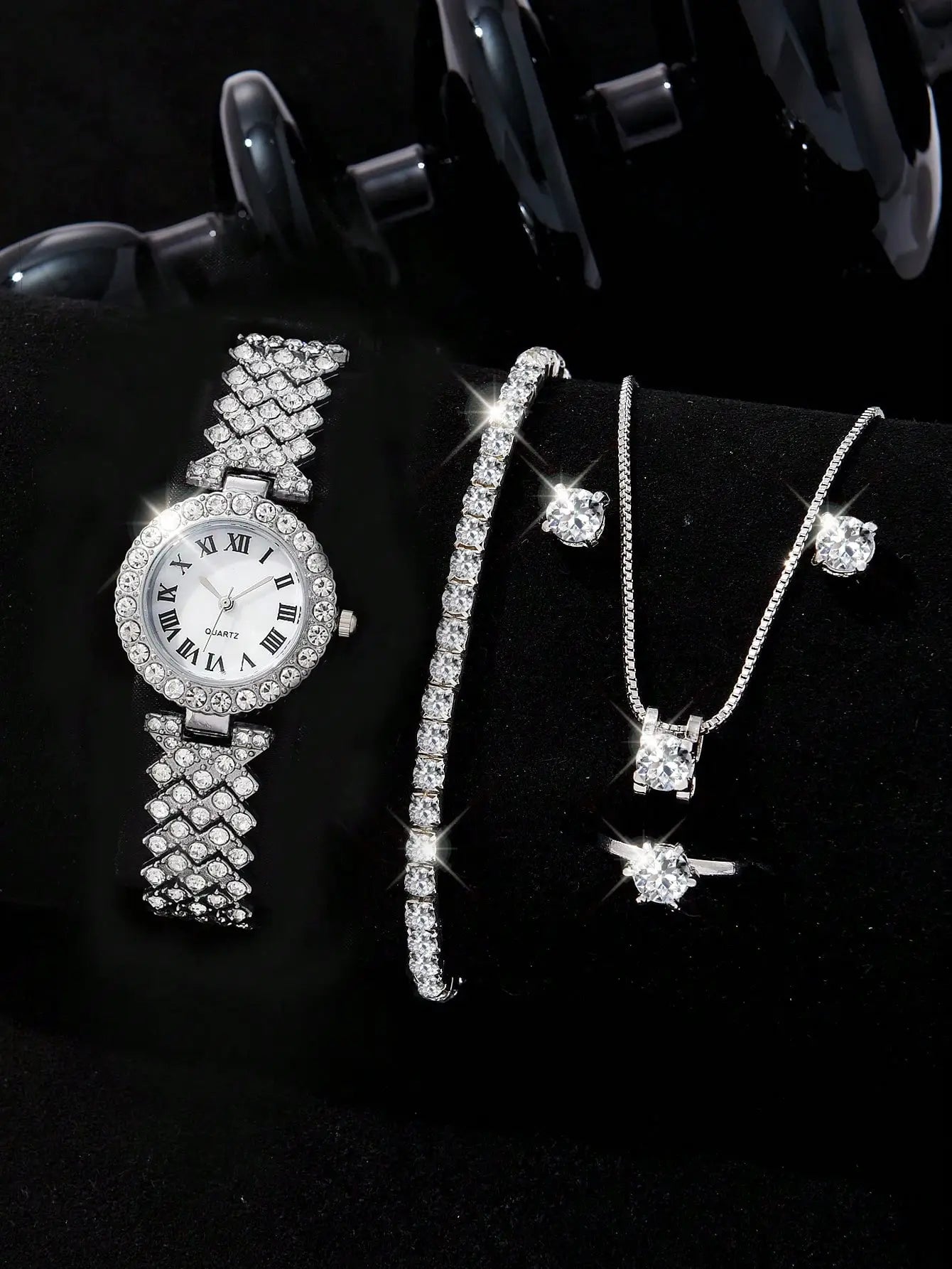 5PCS Set Watch Women Ring Necklace Earrings Rhinestone Fashion Wristwatch Female Casual Ladies Watches Bracelet Set Clock Silver B