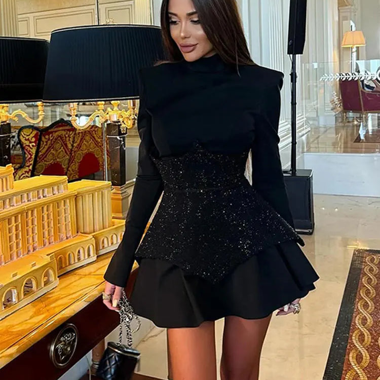 Chic Button Black Mini Dress Women Vintage Long Sleeve Solid High Collar High Waist A-line dresses Female Evening Party Vestidos Black 02
