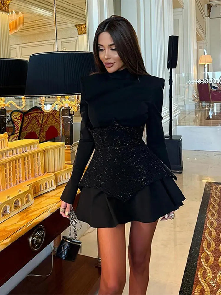 Chic Button Black Mini Dress Women Vintage Long Sleeve Solid High Collar High Waist A-line dresses Female Evening Party Vestidos Black 02