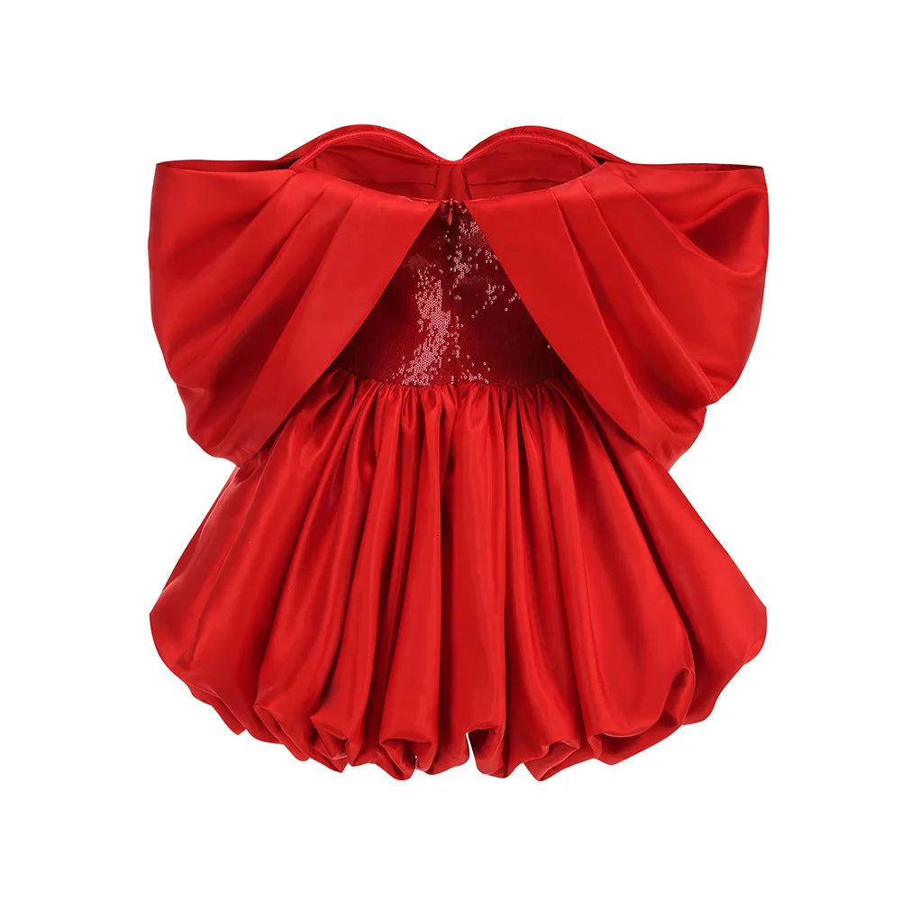Spring Red Color Women Sexy Strapless Ball Gowm Mini Shinning Sequins Dress Celebrate Birthday Party Christmas Dress