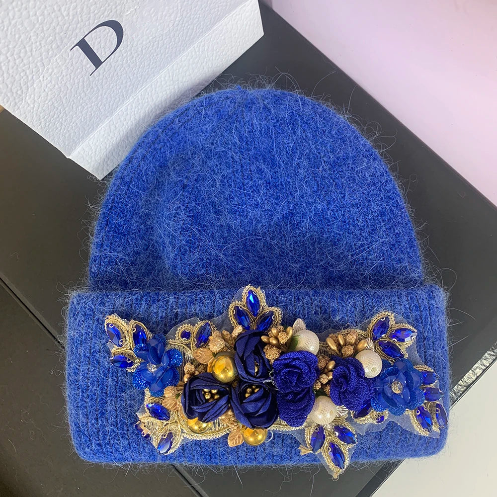 Casual Outdoor Warm Ear Protection Skiing Knitted Cap Luxury Winter Women Beanie Hat Crystal Rabbit Fur Knitted Hat for Women royal blue