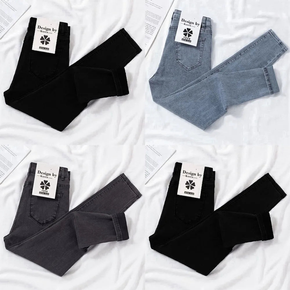 New Spring Autumn Season Blue Pencil Jeans Womens Mid Waist Skinny Vaqueros Fashion Plush Denim Capris Slim Jean Trousers